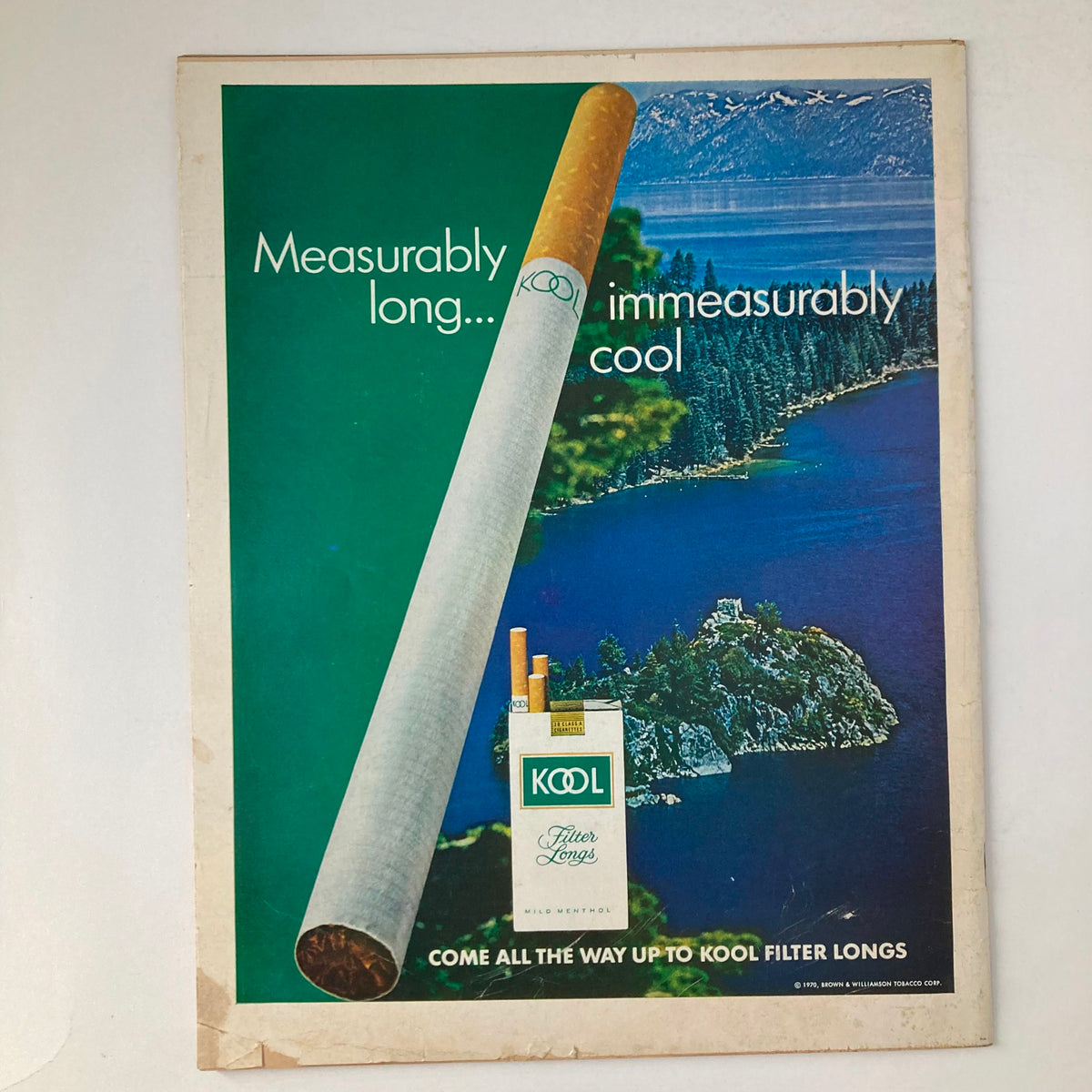 Cover advertisement for KOOL Filter Longs cigarettes from the VTG Life Magazine March 6, 1970, showcasing the cigarette against a serene lake backdrop with the slogan 'Measurably long... immeasurably cool'.