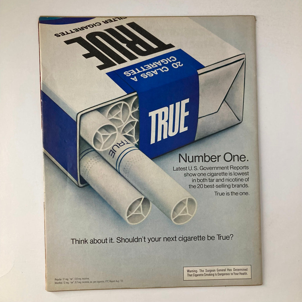 Vintage advertisement featuring a pack of True cigarettes, showcasing the brand's slogan 'Number One' from the November 3, 1972 issue of Life Magazine with Joe Namath on the cover.