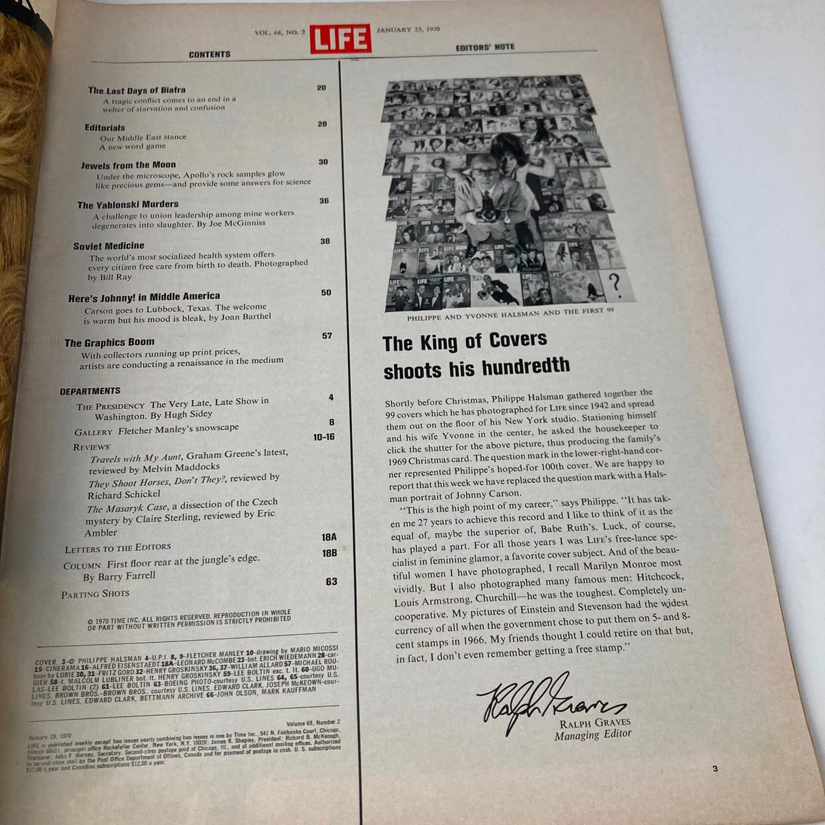 Inside page of VTG Life Magazine January 23, 1970 displaying the table of contents with various articles including 'Here's Johnny! in Middle America'.
