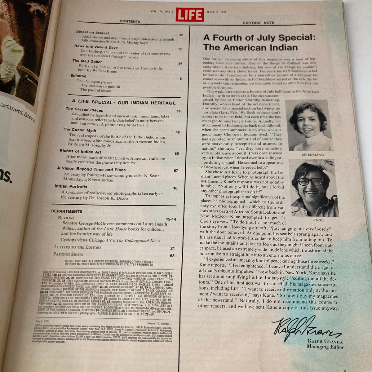 Table of contents for VTG Life Magazine July 2 1971 Vol 71 No. 1 highlighting the special on American Indian heritage.