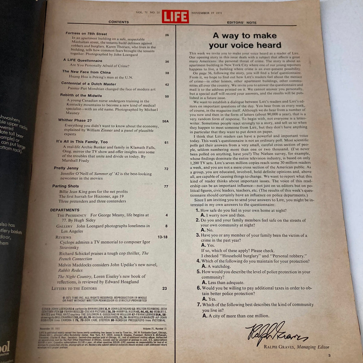 Contents page of VTG Life Magazine November 19 1971 Vol 71 No. 21 The Cities Lock Up, showcasing various articles and topics covered in the issue.