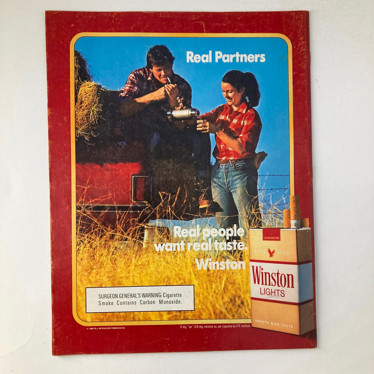 Back cover of VTG Life Magazine September 1987, featuring a vintage cigarette advertisement for Winston, emphasizing the tagline 'Real people want real taste'.