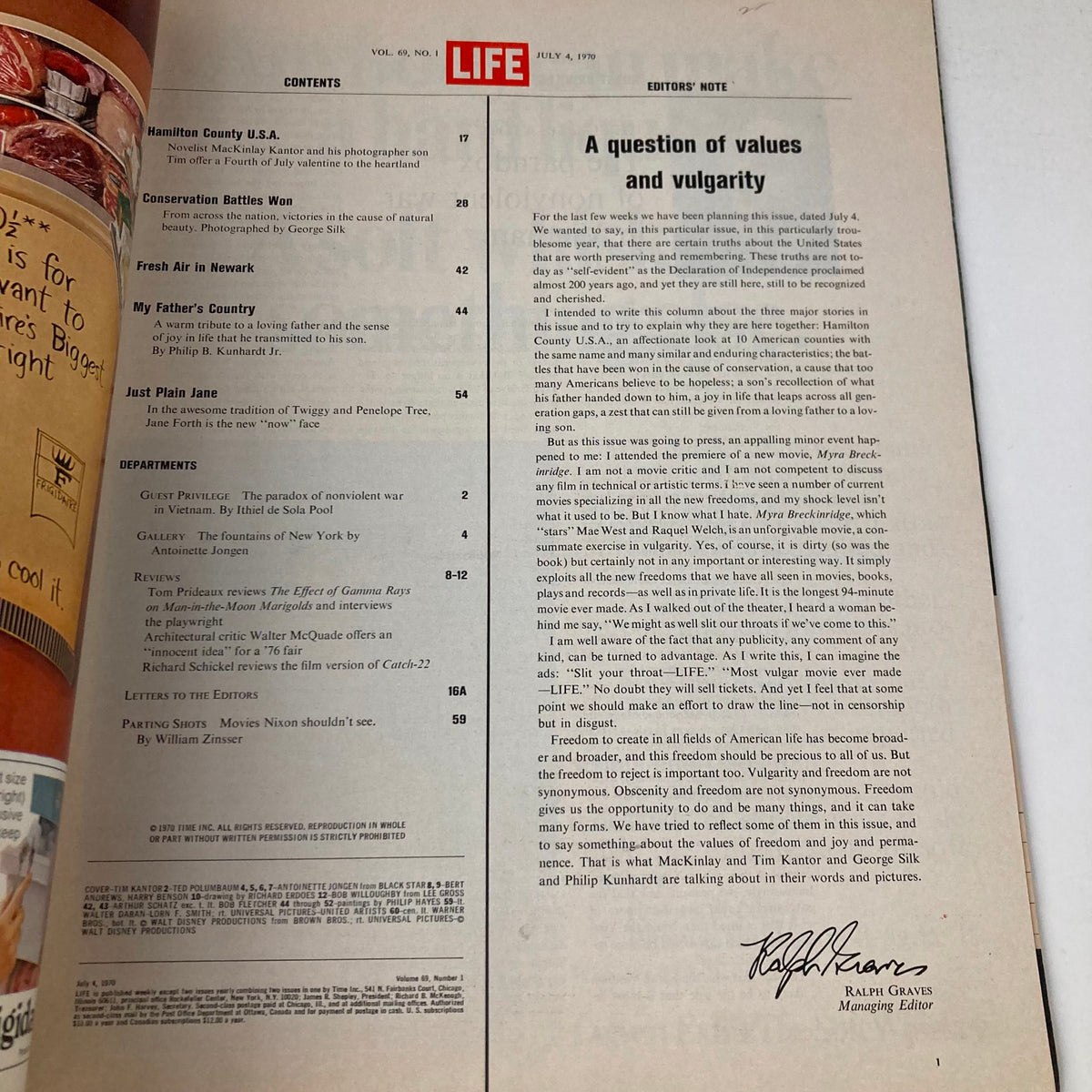 Contents page of VTG Life Magazine July 4 1970 Vol 69 No. 1 The Fourth of July Special, listing articles and editor's note, highlighting topics of cultural importance.