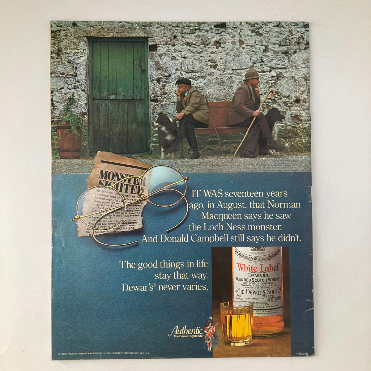 Back cover of July 1982 Life Magazine, showcasing an advertisement with two men and a dog, highlighting a vintage Dewar's Scotch Whisky promotion.