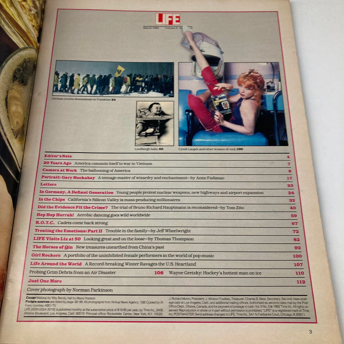 Interior page of March 1982 VTG Life Magazine, displaying the table of contents highlighting articles including 'Liszt at 50' and cultural reflections of the early 1980s.