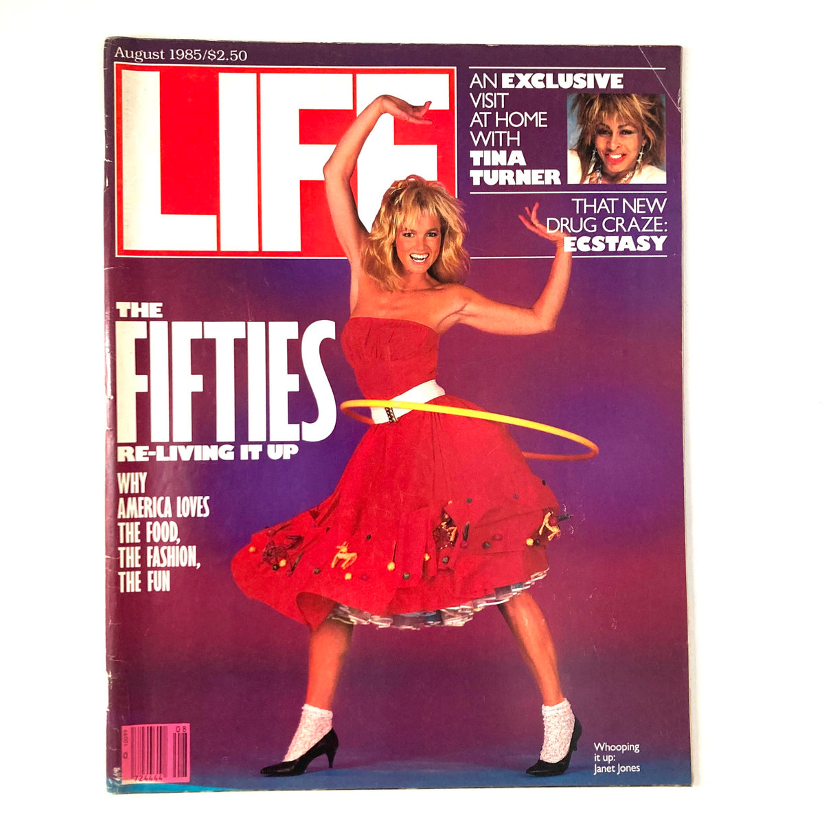 VTG Life Magazine August 1985 Cover featuring Janet Jones in a vibrant red dress, exuding energy and charm, showcasing the 80s fashion style.