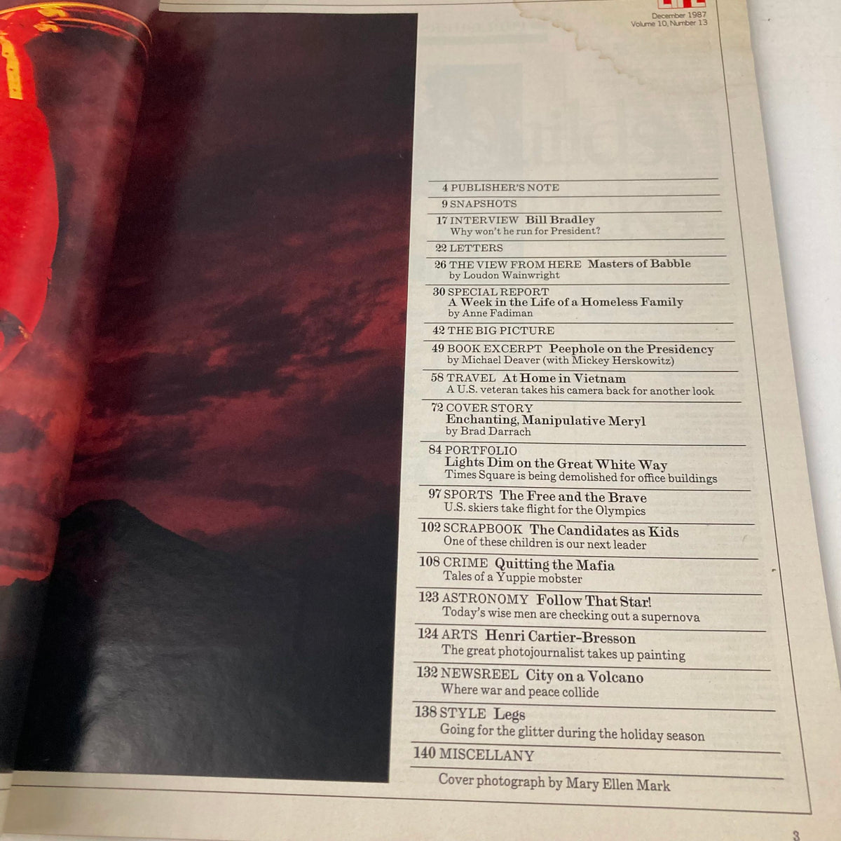 Inside page of VTG Life Magazine December 1987 revealing the contents section, highlighting articles including a cover story about Meryl Streep.
