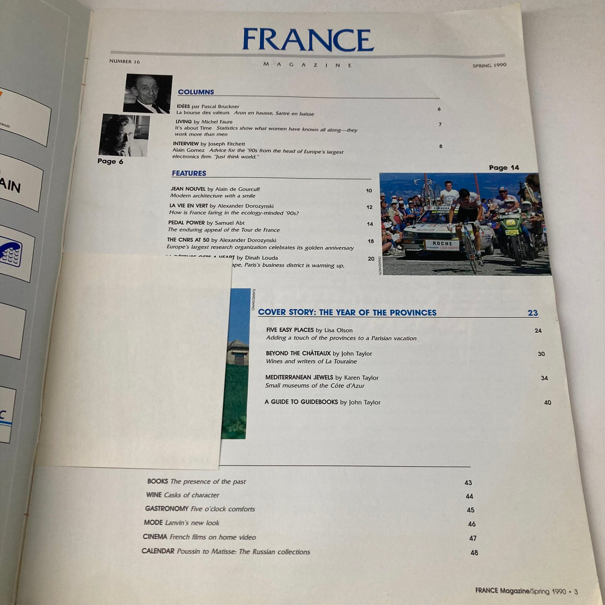 Table of contents from France Magazine Spring 1990 No. 16, showcasing articles and features about the provinces of France, including columns, features, and cover story details.