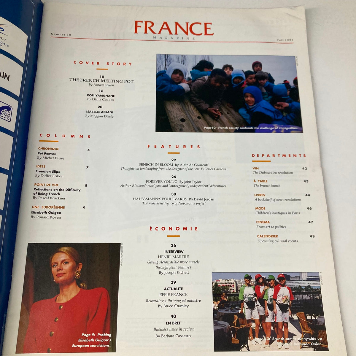 Cover page of France Magazine Fall 1991 No. 20 featuring the title and articles such as 'The French Melting Pot'. Includes images and headings for features and columns.