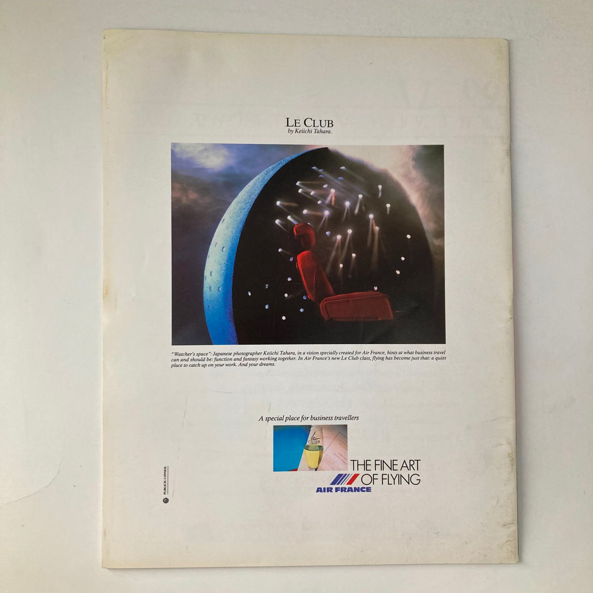 Back cover of France Magazine Fall 1991 No. 20 with an artistic image and advertisement for Air France's Le Club, highlighting business travel amenities.