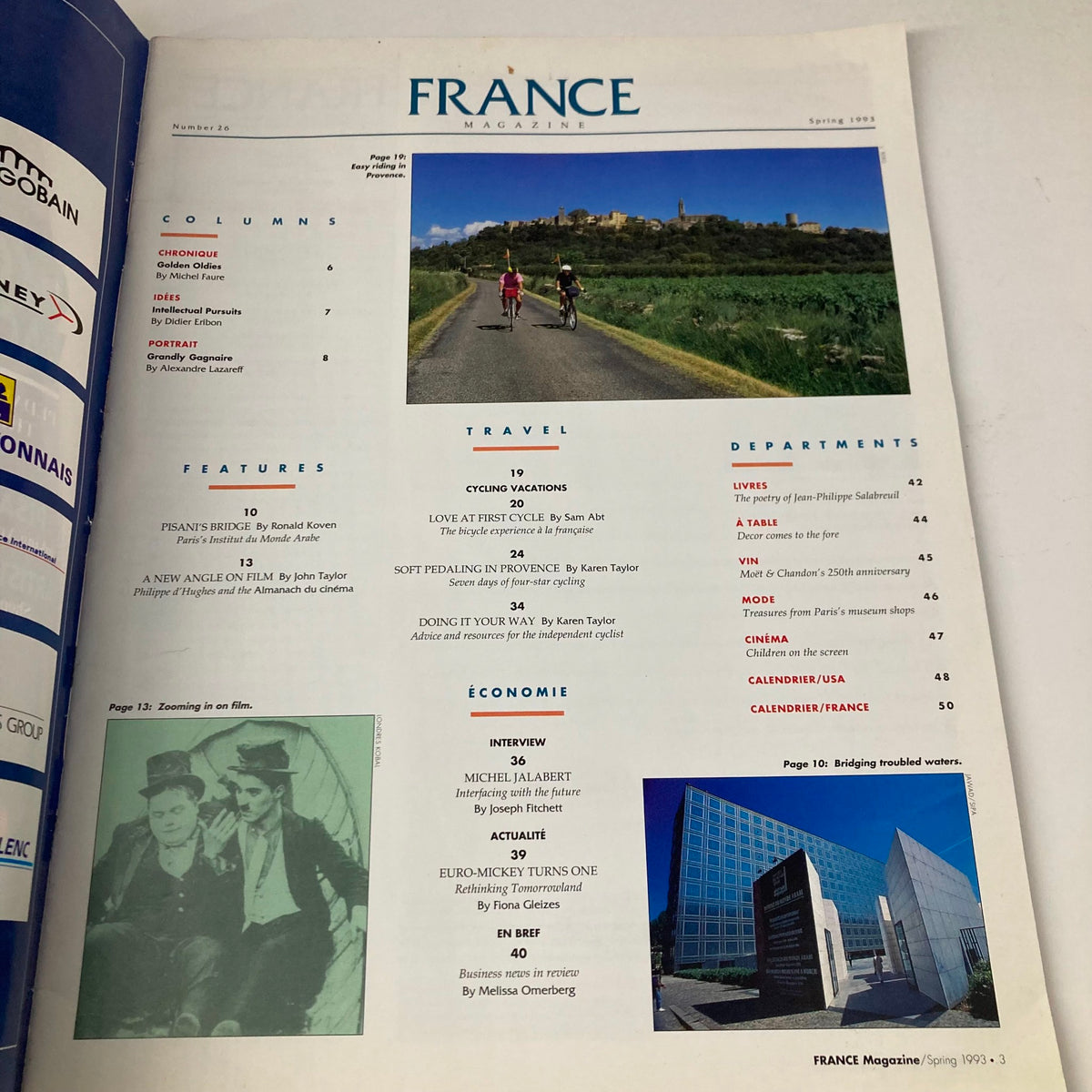 Contents page of France Magazine Spring 1993 No. 26, showcasing features on Cycling Vacations, travel tips, and cultural highlights. Includes a scenic photo of cyclists riding on picturesque trails.