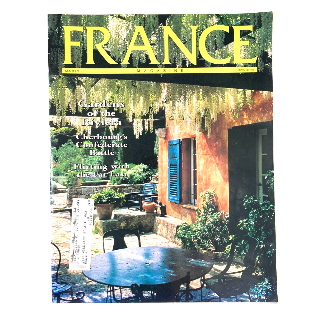 France Magazine Summer 1994 No. 31 cover featuring an outdoor setting with a garden and a table, highlighting Cherbourg's Confederate Battle and other articles.