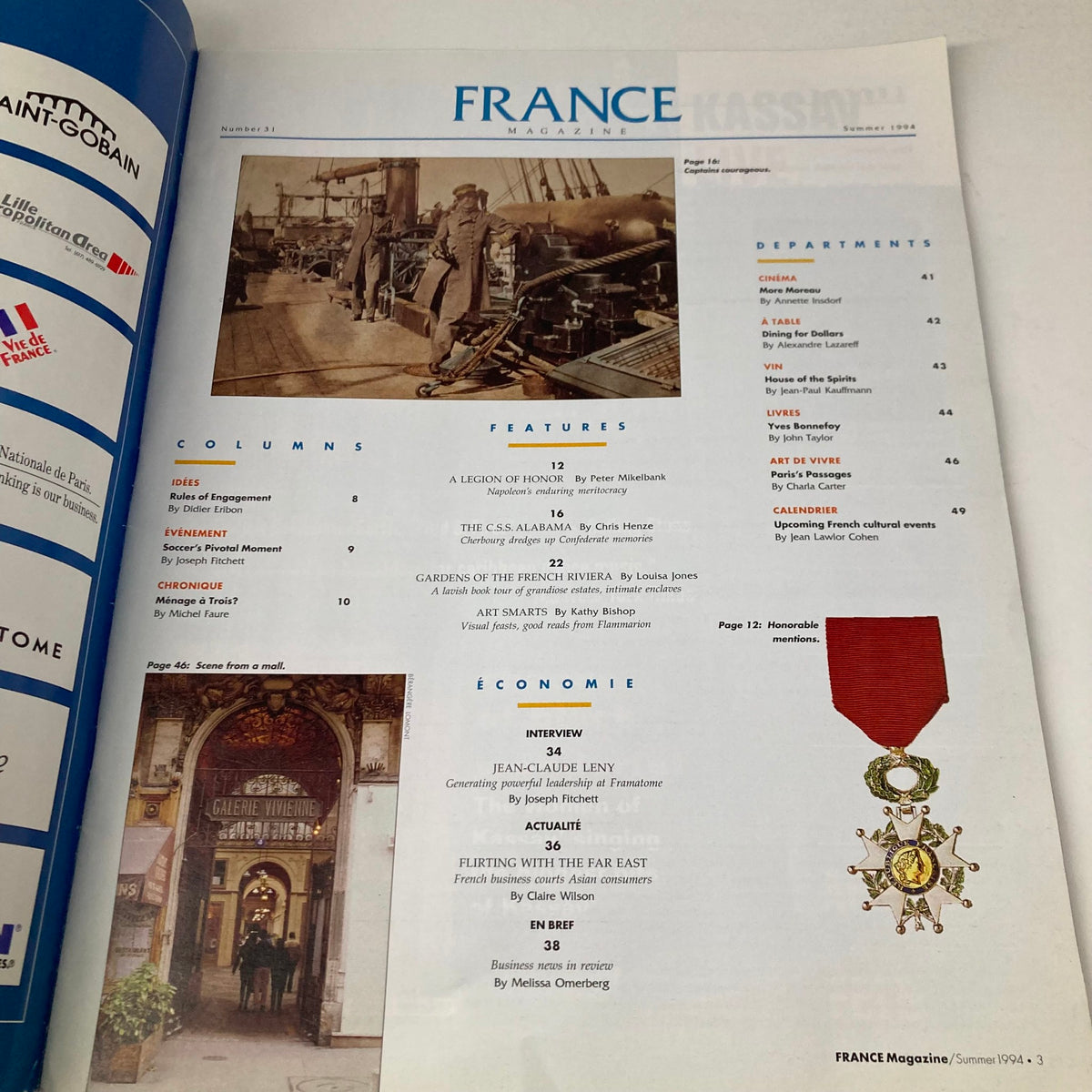 Interior page of France Magazine Summer 1994 No. 31, showcasing the table of contents featuring articles like Gardens of the French Riviera and Cherbourg's Confederate Battle.