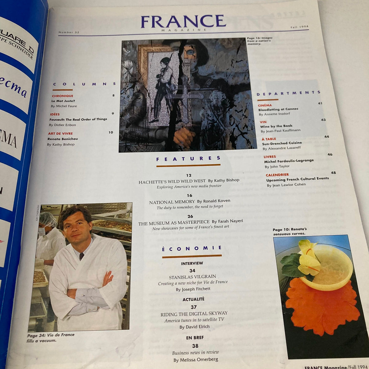 Interior page of France Magazine Fall 1994 No. 32, highlighting features like Hachette's Wild West and National Memory, along with articles and columns.