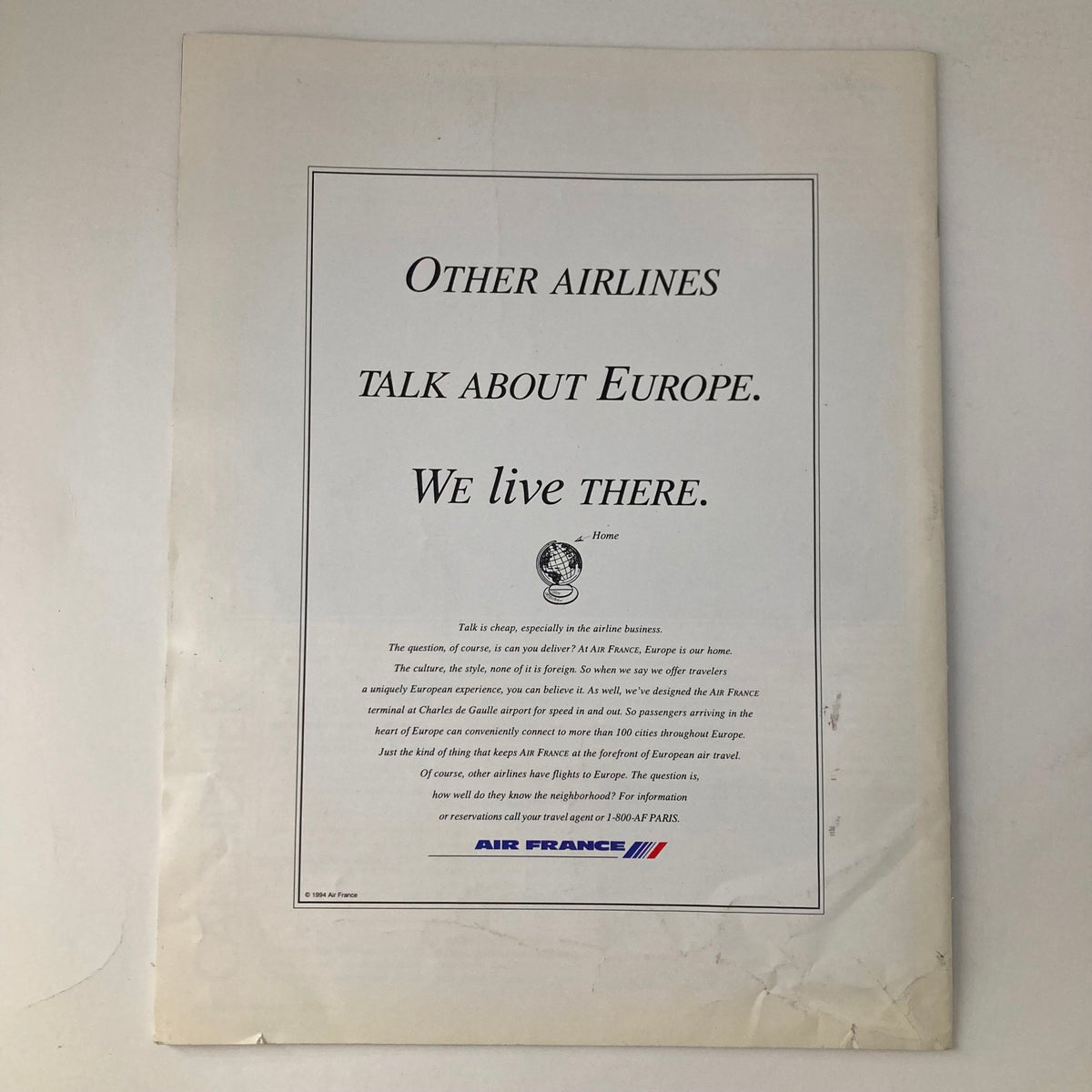 Back page advertisement in France Magazine Fall 1994 No. 32 for Air France, promoting travel and European experiences.