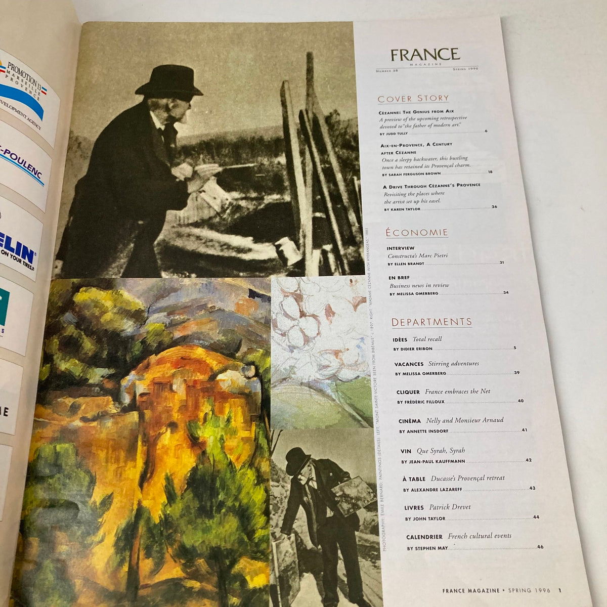 Interior page of France Magazine Spring 1996 No. 38, highlighting articles on Cézanne, including an artwork collage and a historical photo of the artist.