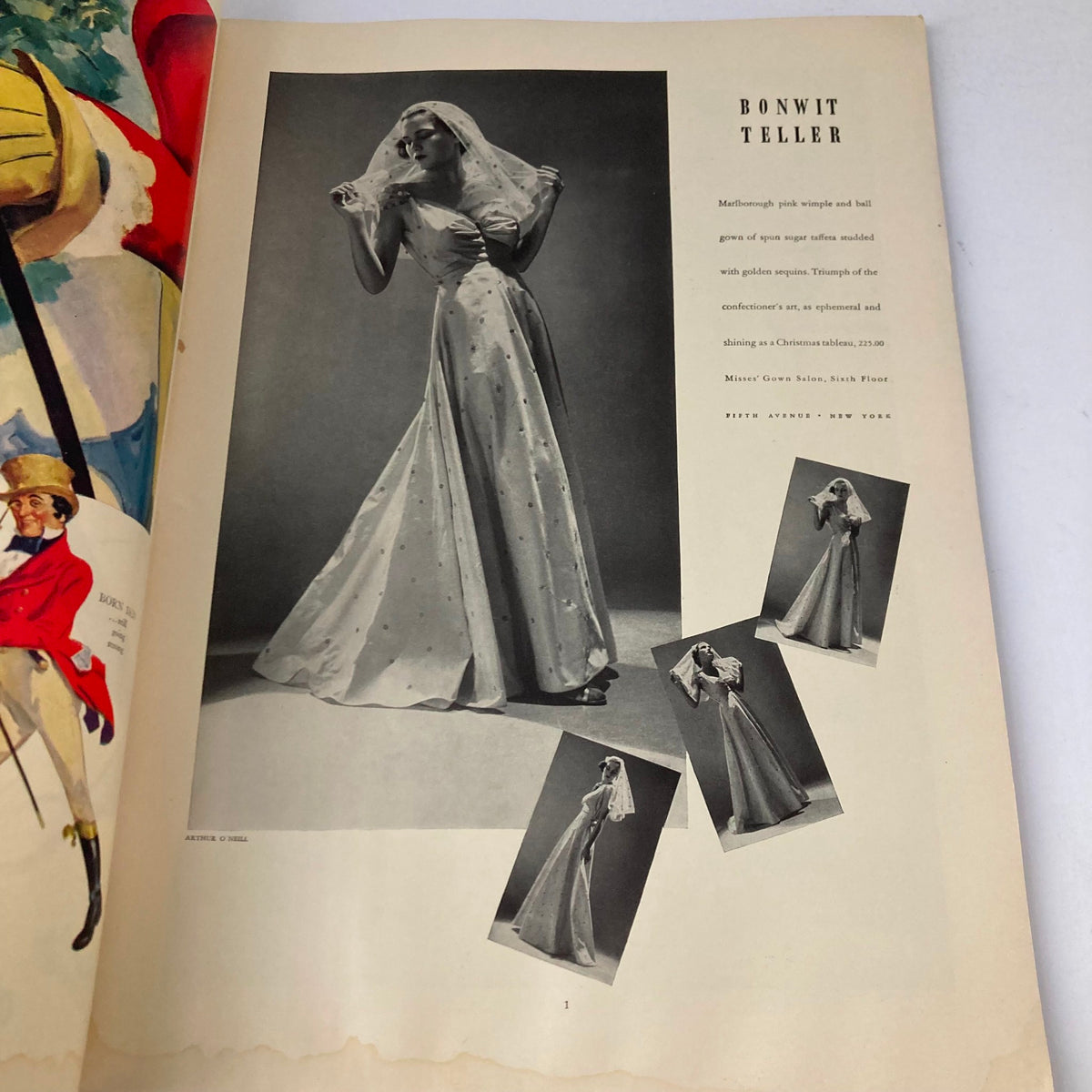 VTG Stage Magazine December 1936 featuring a Bonwit Teller advertisement showcasing a glamorous gown styled for holiday celebrations.