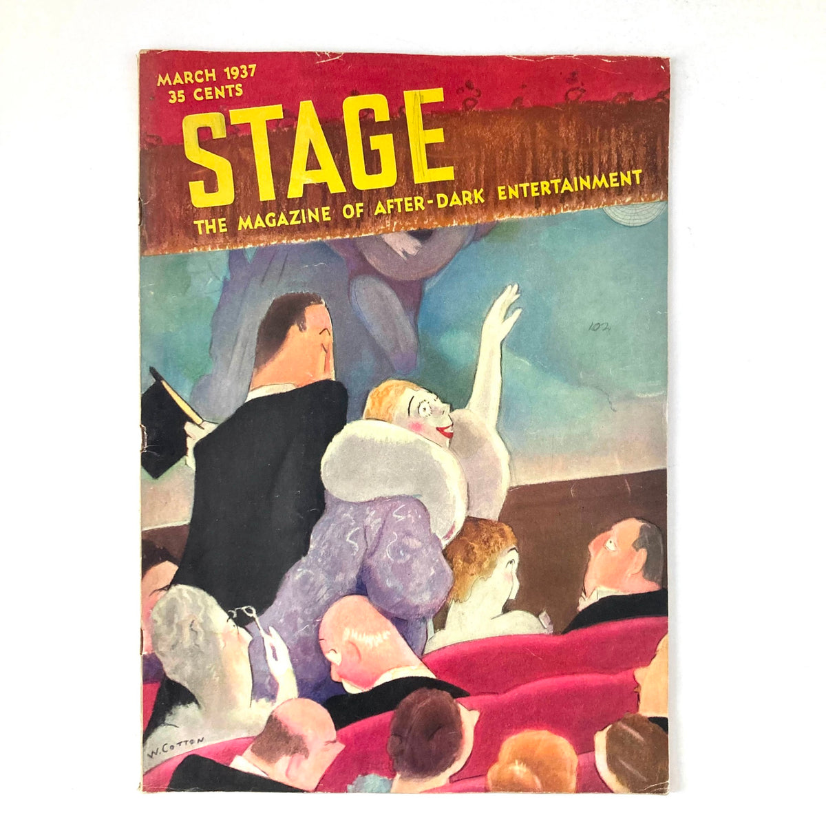 Cover of VTG Stage Magazine March 1937 titled 'A Night in March & A New York Theatre,' featuring colorful illustration of theatre audience and performers.