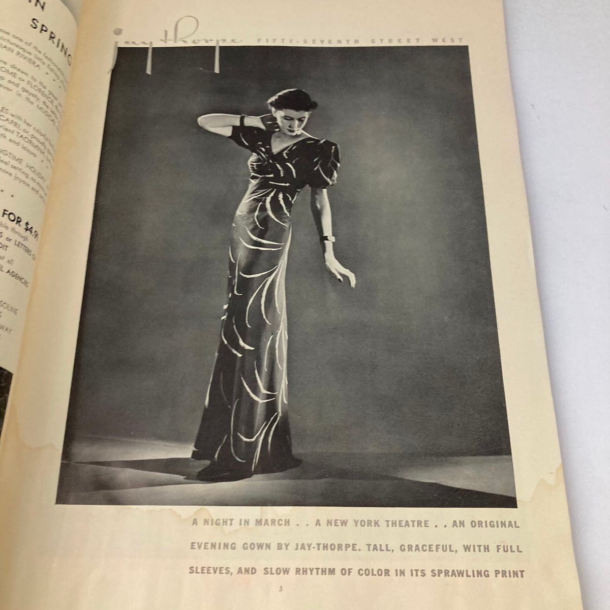 Interior page of VTG Stage Magazine March 1937 featuring an elegant model wearing a Jay-Thorpe evening gown, illustrating the fashion of 'A Night in March' and the vibrant theatrical culture of New York.
