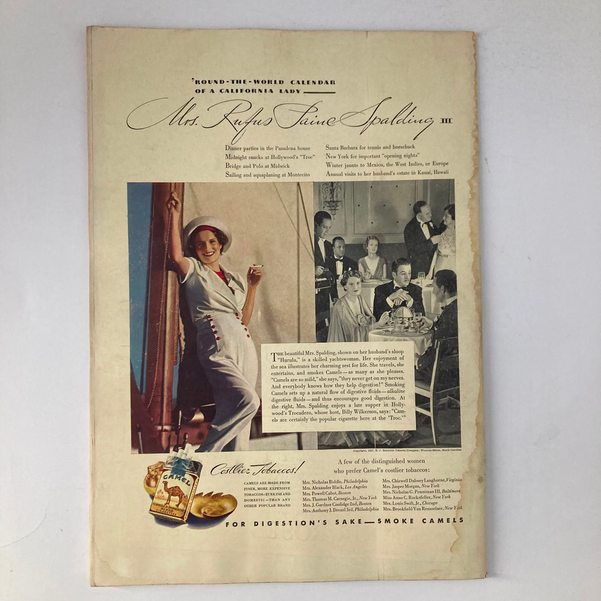 Back cover of VTG Stage Magazine March 1937 featuring an advertisement for Camel cigarettes with a stylish woman and socialites, reflecting the social lifestyle and elegance associated with 'A Night in March'.