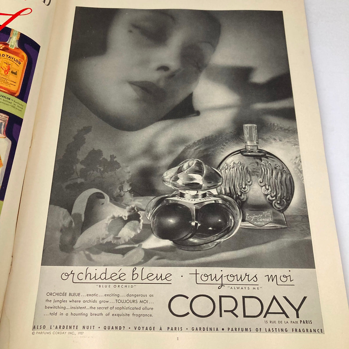 Advertisement spread featuring perfumes in the June 1937 VTG Stage Magazine, highlighting the allure and sophistication of Corday fragrances.