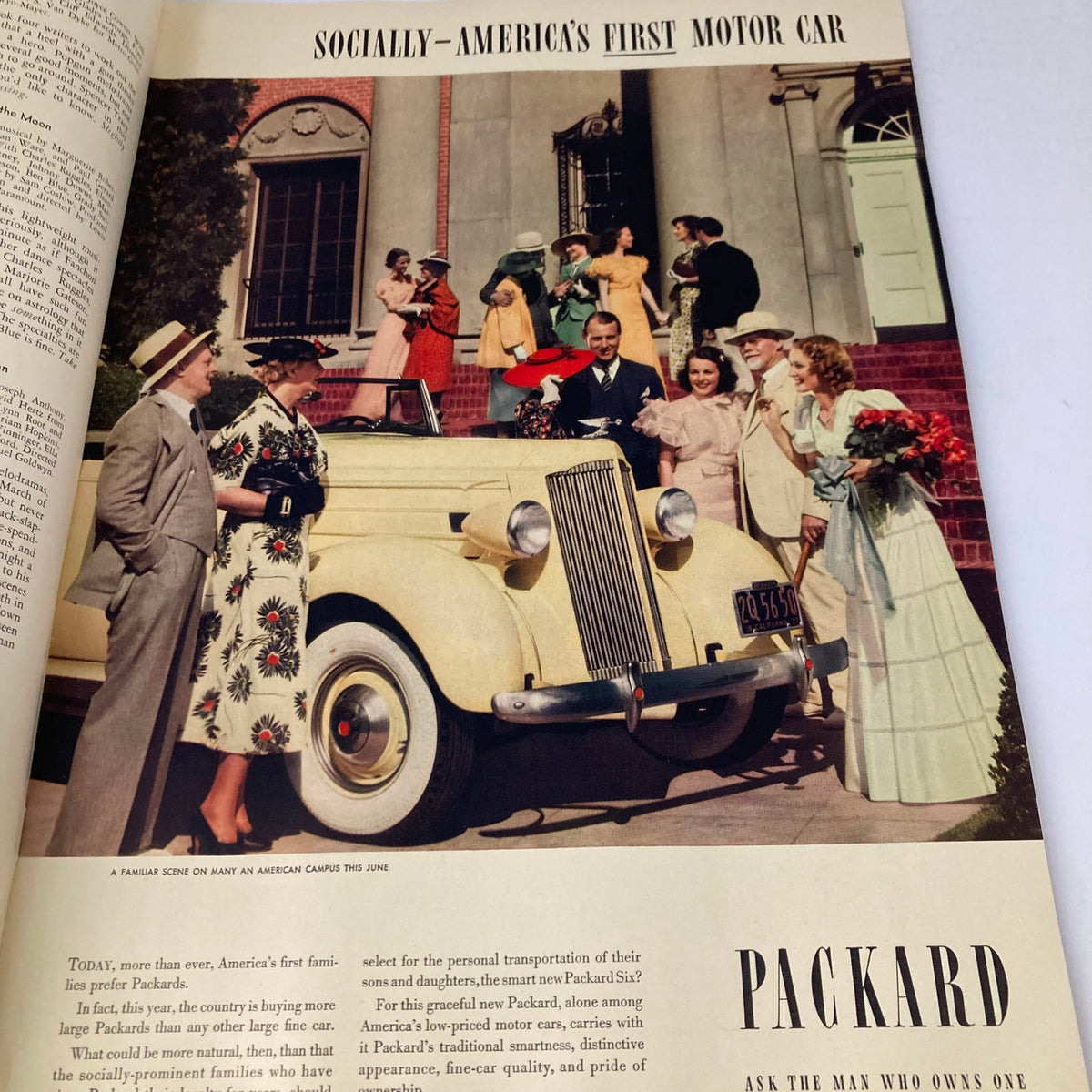 A colorful advertisement in the June 1937 VTG Stage Magazine presenting the Packard car with a group of elegantly dressed individuals.