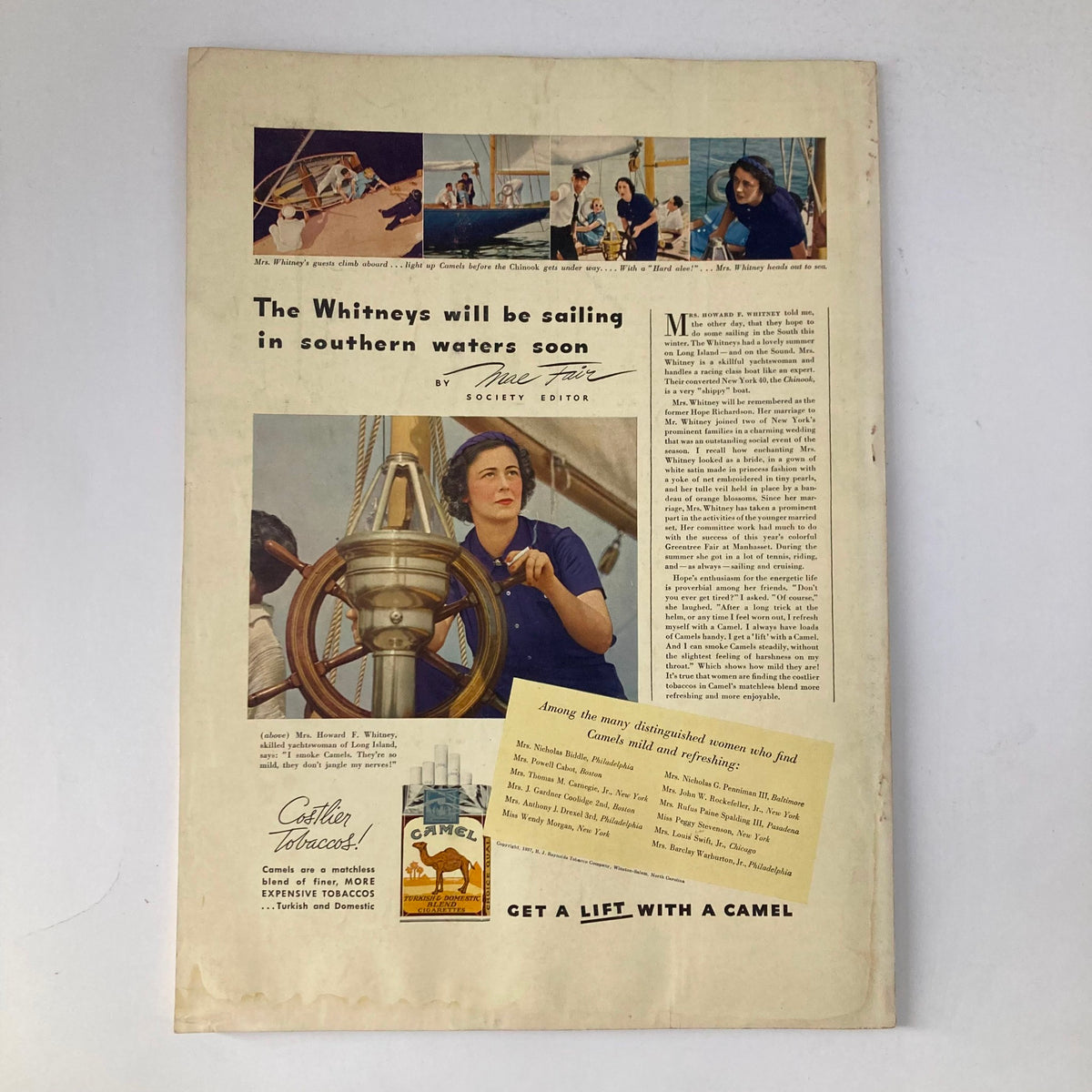 Back cover of the Vintage Stage Magazine from November 1937, featuring a striking color photograph of a woman at the helm of a yacht, along with promotional text and imagery for Camel cigarettes.