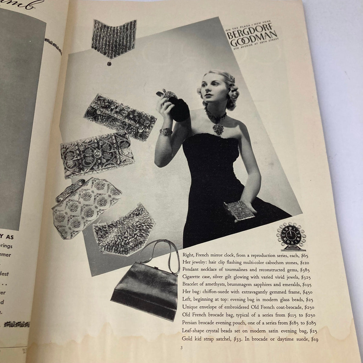 Page from VTG Stage Magazine December 1937 featuring Bergdorf Goodman jewelry advertisement, showcasing exquisite vintage accessories and elegant fashion.