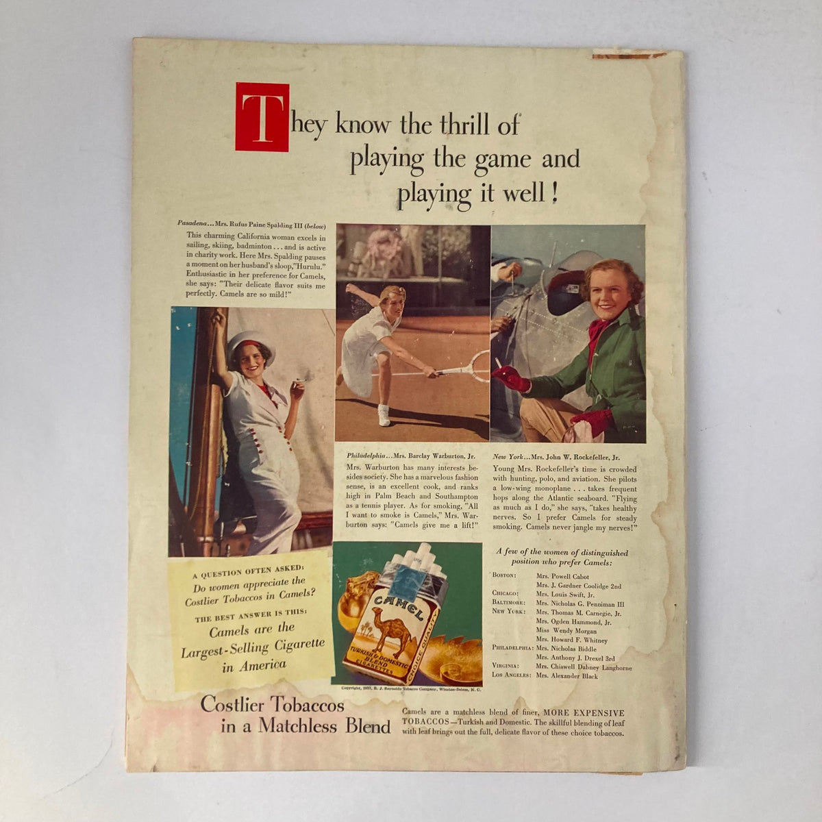 Back cover of the VTG Stage Magazine January 1938 featuring a Camel cigarette advertisement with images of women engaged in various activities promoting the brand. The ad highlights their slogan about enjoying playing the game well.