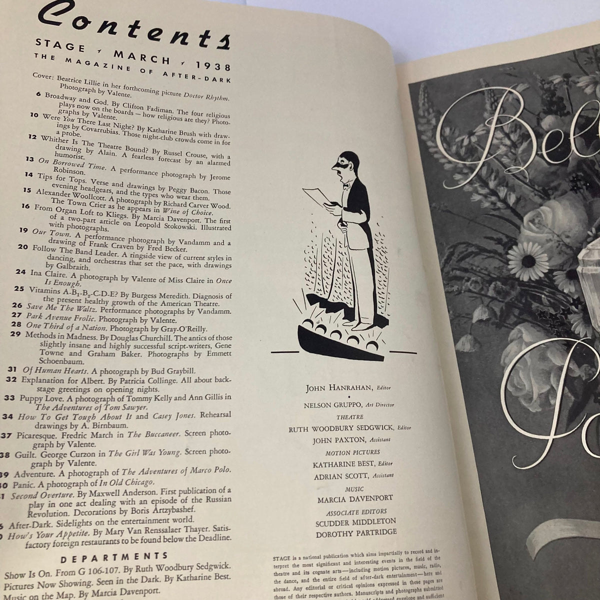 Contents page of VTG Stage Magazine March 1938, listing articles and features, a glimpse into the theatrical history of the time.