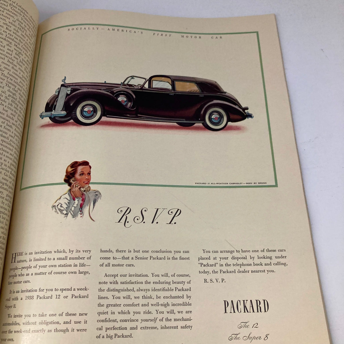 Advertisement page from VTG Stage Magazine March 1938, featuring a Packard car advertisement, highlighting vintage design and elegance.