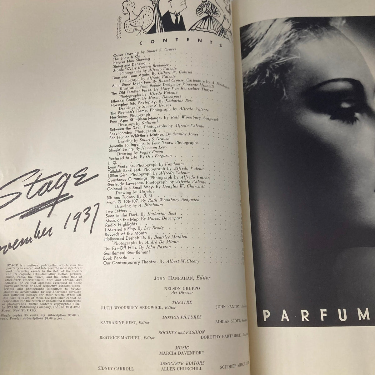 Interior page of the Vintage Stage Magazine from November 1937 displaying the table of contents alongside elegant illustrations, highlighting articles on theatre and society.