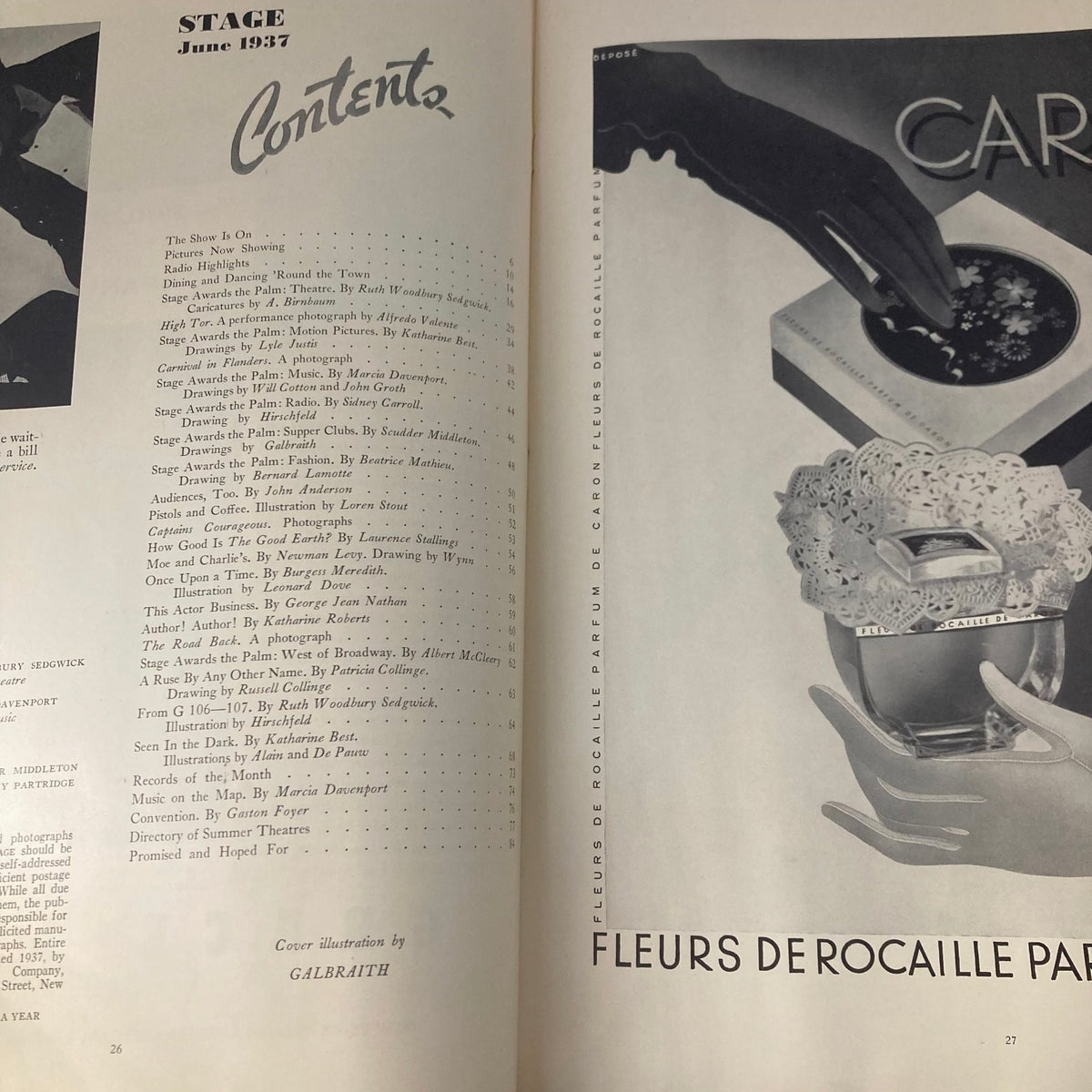 Contents page from the June 1937 VTG Stage Magazine, showcasing articles and features highlights of the theater community in 1930s.