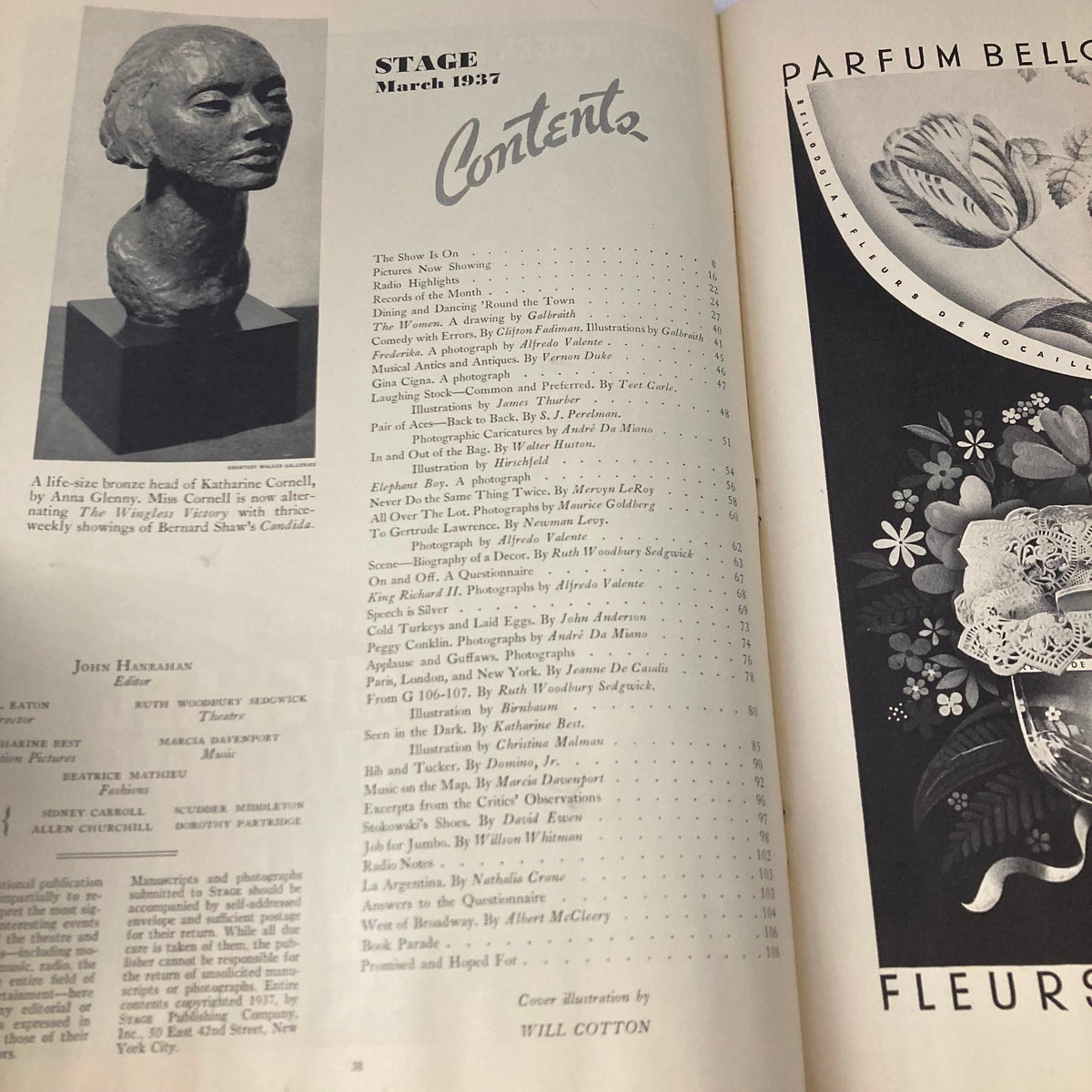 Interior page of VTG Stage Magazine March 1937, displaying the contents with articles and illustrations related to theatre, featuring a bronze bust and layout designed by Will Cotton.