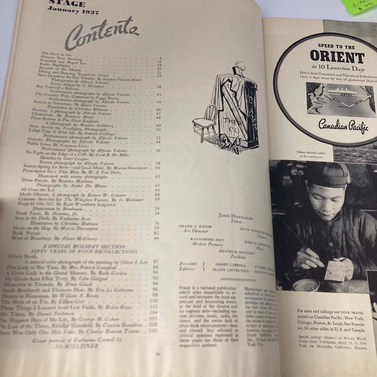 Inside page of VTG Stage Magazine January 1937 displaying the table of contents, showcasing articles and features on the performing arts.