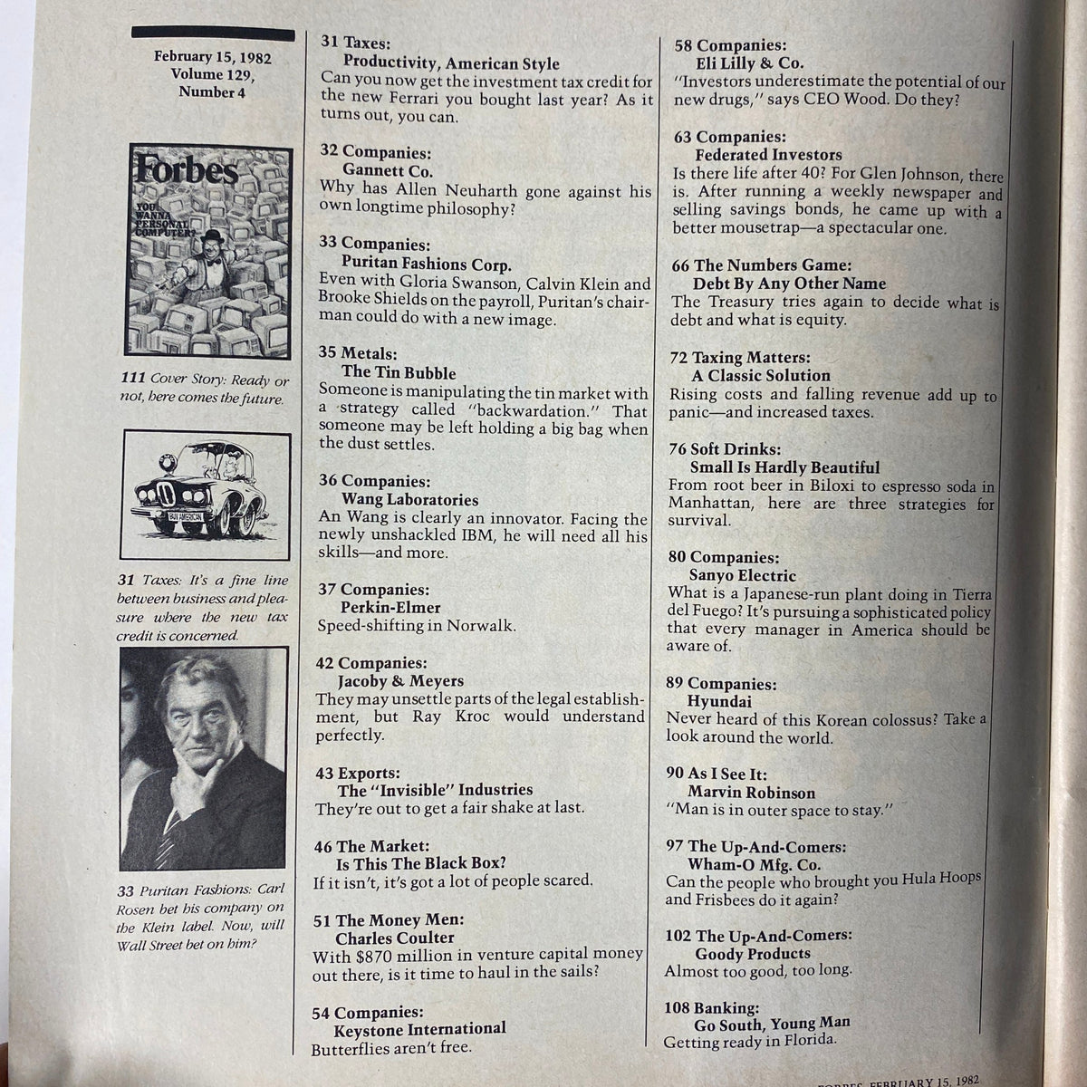 Table of contents page from Forbes Magazine, February 15, 1982, listing featured articles including 'Ready or Not, Here Comes the Future' and details on various companies and trends.
