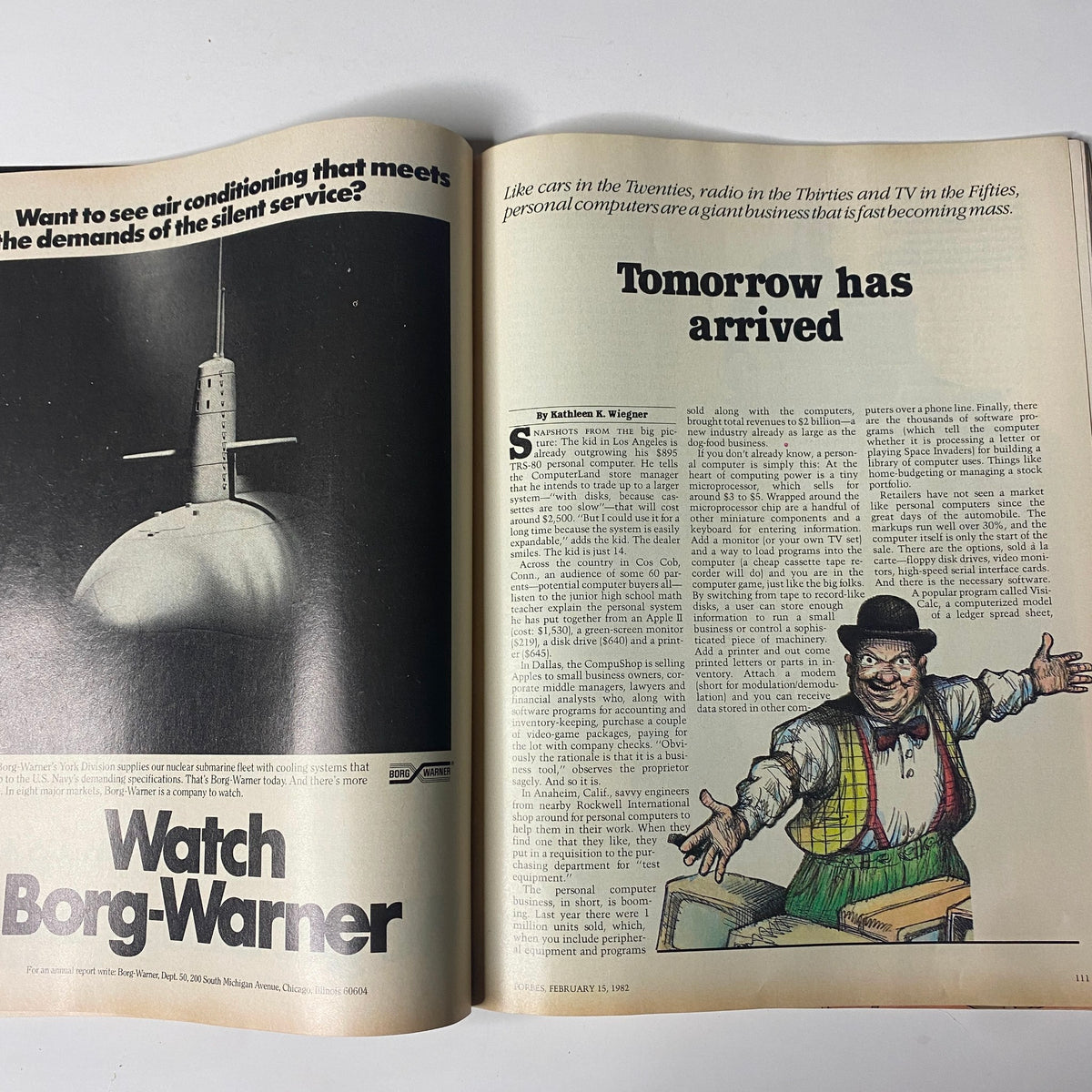 Interior page of Forbes Magazine, February 15, 1982, discussing the arrival of personal computers, with illustrations in relation to the cover story 'Ready or Not, Here Comes the Future'.
