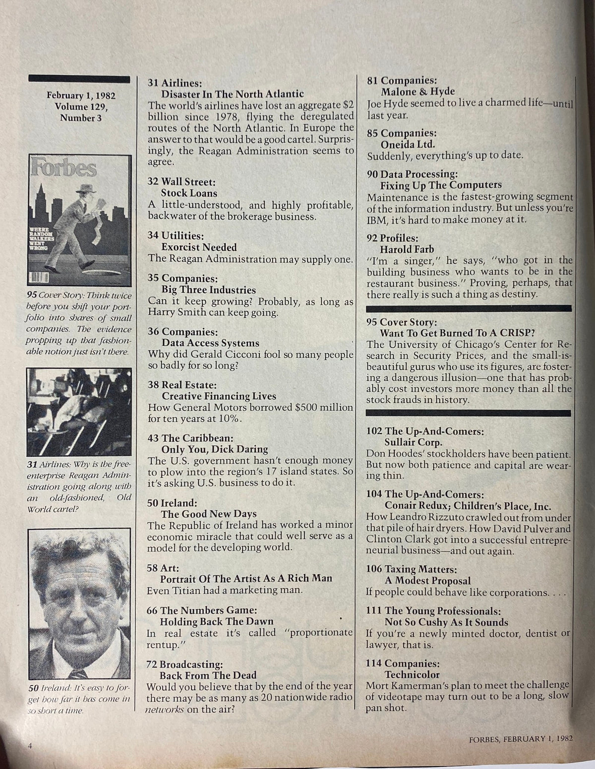 Inside page of Forbes Magazine, February 1, 1982, showcasing articles and headlines including 'Disaster In The North Atlantic' and 'The Good New Days: Ireland’s Economic Miracle'.