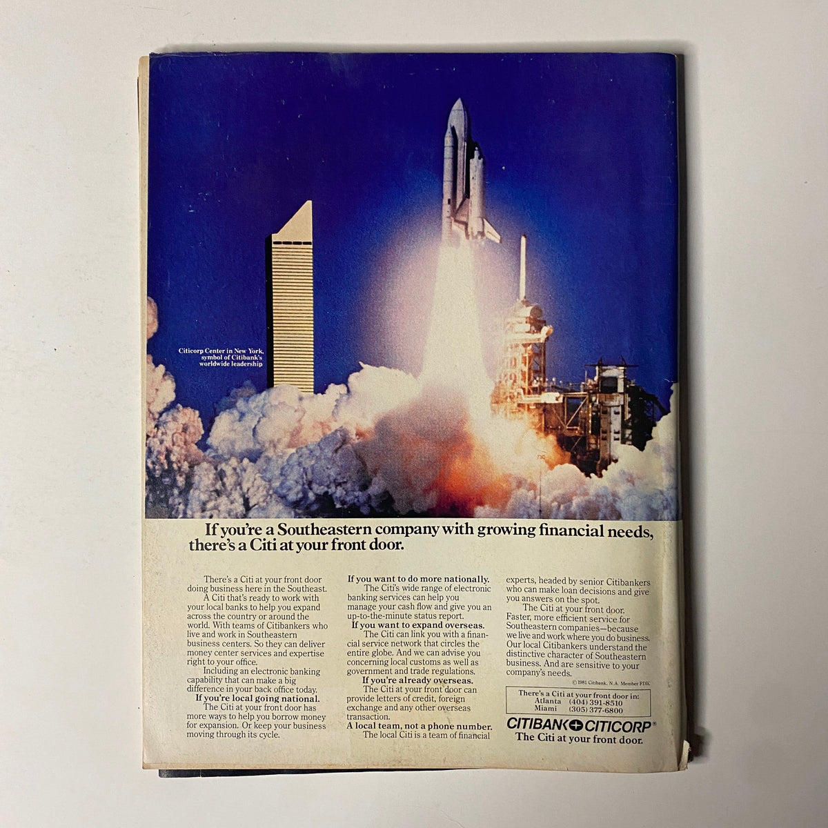 Advertisement from Forbes Magazine February 1, 1982 featuring a space shuttle launch and promoting Citibank's services for Southeastern companies. This vintage image highlights financial solutions amidst economic insights.