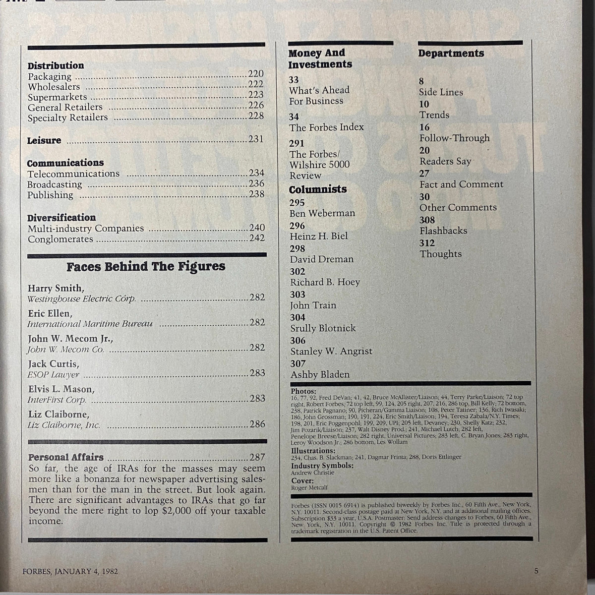 Another inside page of Forbes Magazine, January 4, 1982, displaying detailed industry reports and features from the 34th Annual Report on American Industry.