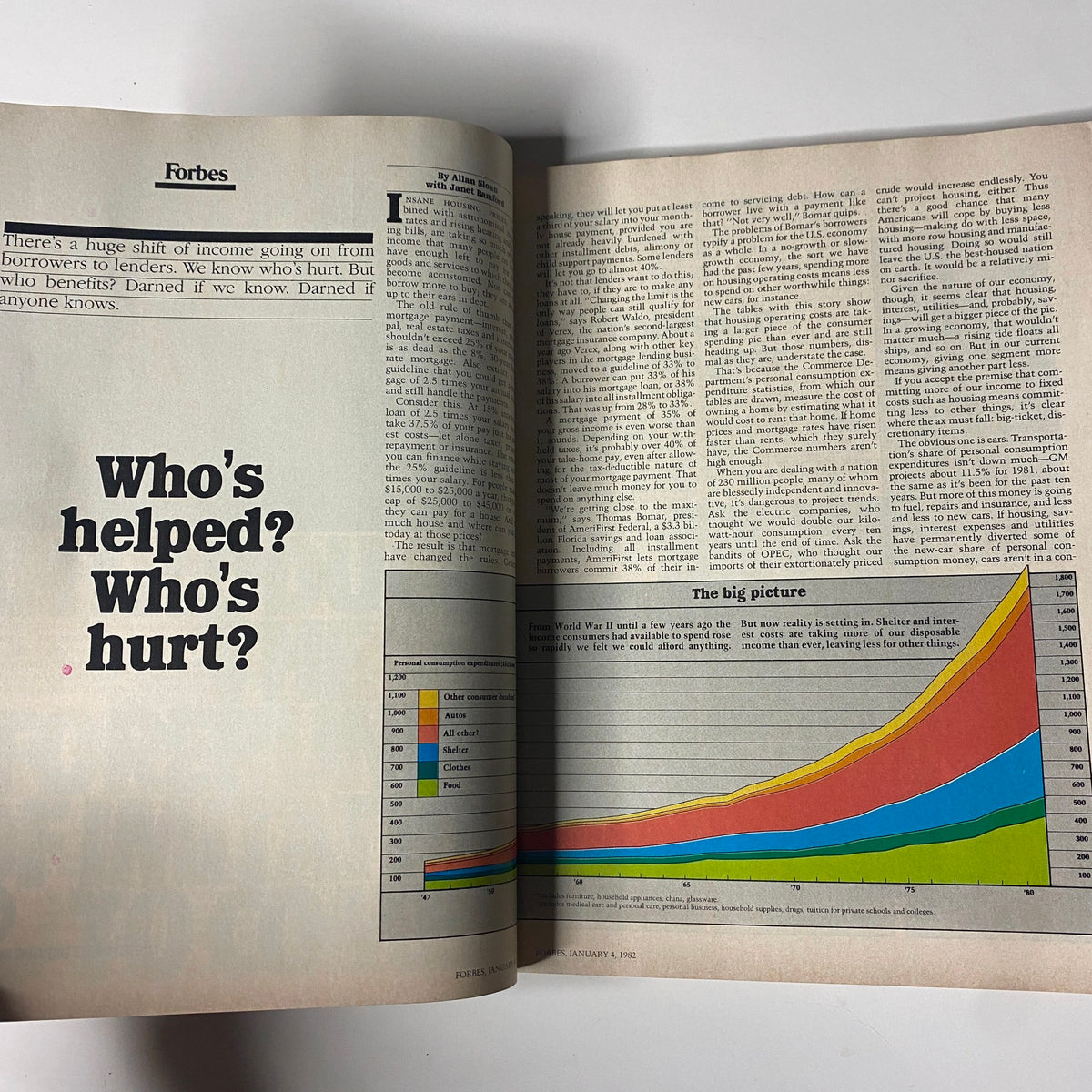 Inside spread of Forbes Magazine, January 4, 1982, highlighting an article titled 'Who's helped? Who's hurt?' as part of the 34th Annual Report on American Industry.