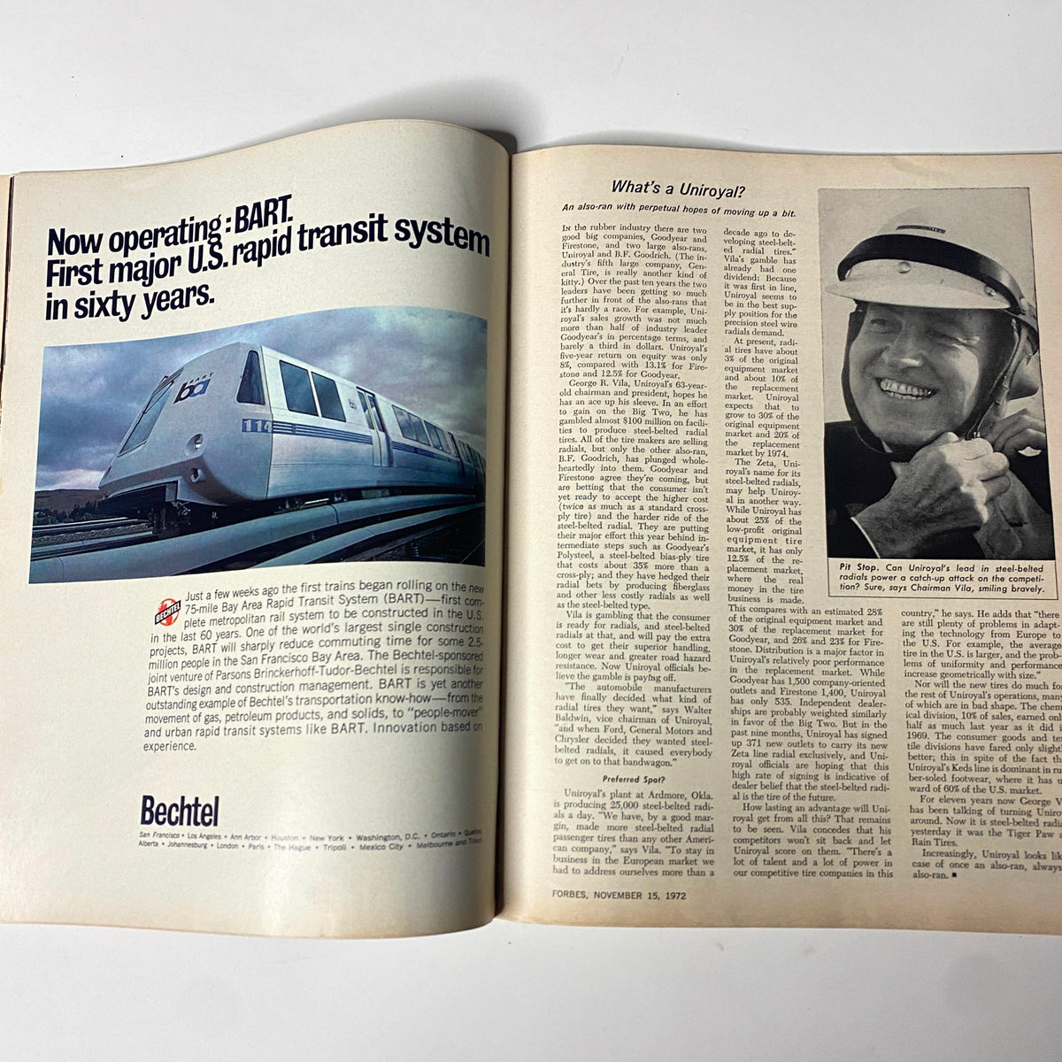 Article from Forbes Magazine November 15, 1972 featuring BART, the first major U.S. rapid transit system in sixty years, showcasing its innovative construction and significance in urban transportation.