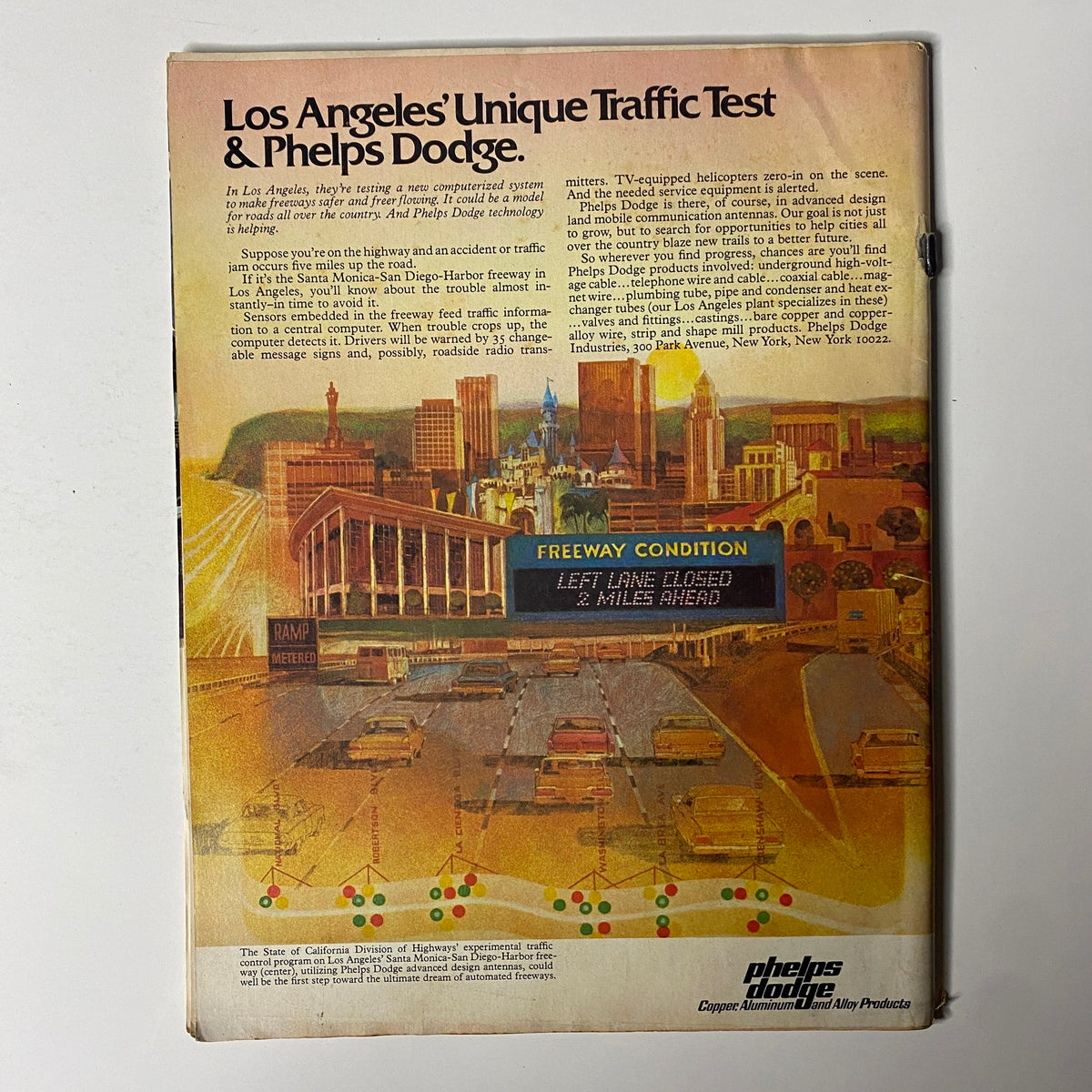 Advertisement in Forbes Magazine November 15, 1972 highlighting a unique traffic test in Los Angeles, featuring Phelps Dodge's advanced design technology for improved freeway conditions and traffic management.