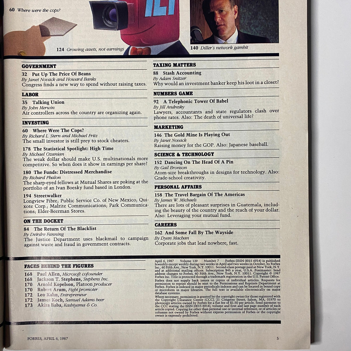 Inside page of Forbes Magazine April 6, 1987 detailing various topics including investments and companies, part of 'Is Leslie Wexner Riding For A Fall?'. 