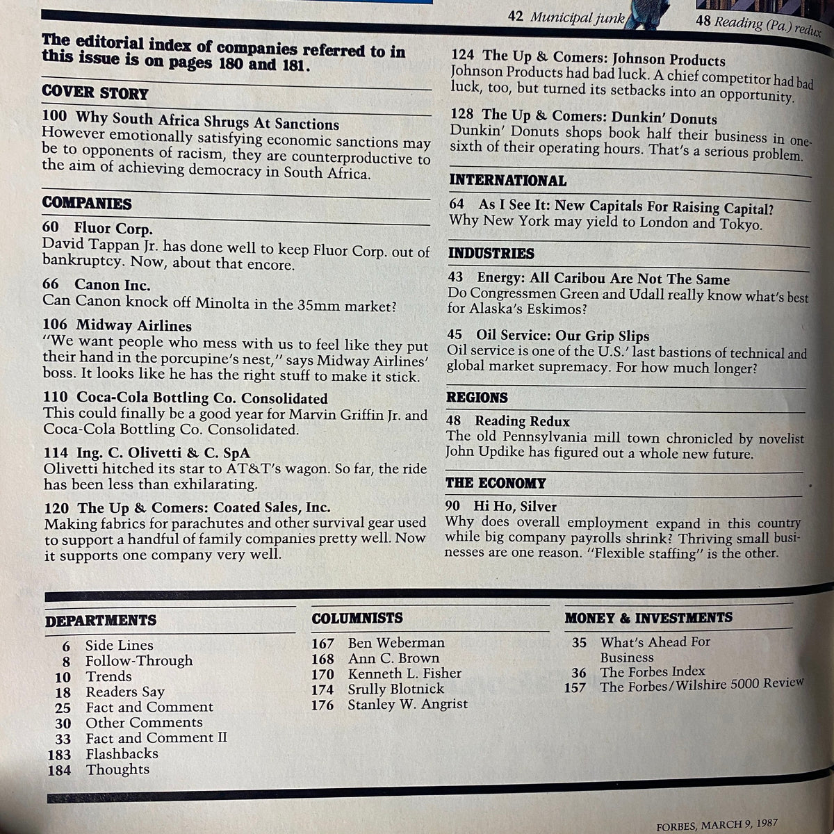 Editorial index from Forbes Magazine March 9, 1987, highlighting major articles including the cover story on South Africa's economic sanctions.