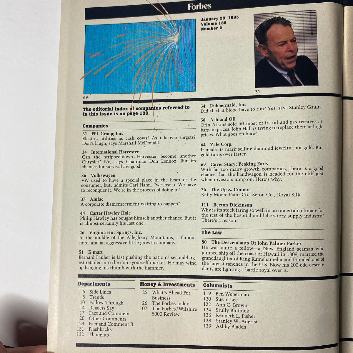 Interior page of Forbes Magazine January 28, 1985 displaying the editorial index and a list of companies featured, significant for collectors and business history enthusiasts.