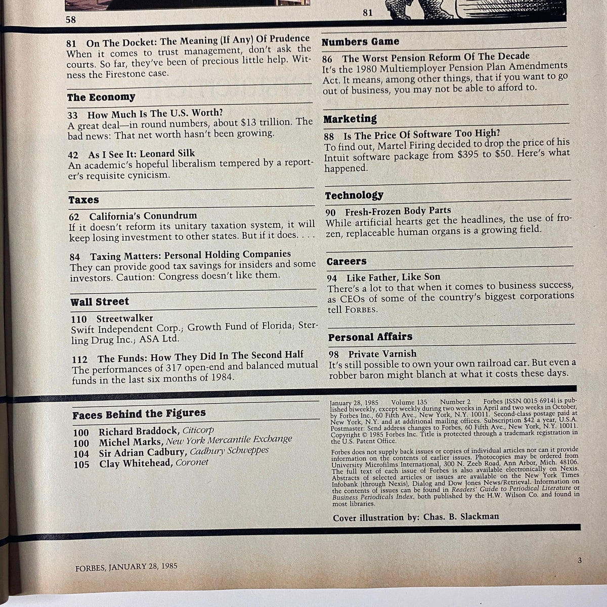 Another interior page from Forbes Magazine January 28, 1985 outlining various topics including the U.S. economy, taxes, and marketing trends in the mid-1980s.