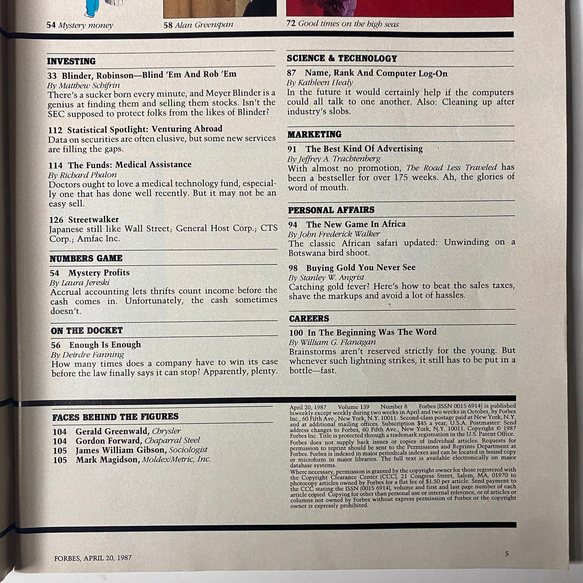 Forbes Magazine April 20, 1987, featuring an editorial section with articles on investing, marketing, and personal affairs, highlighting business insights from the time.
