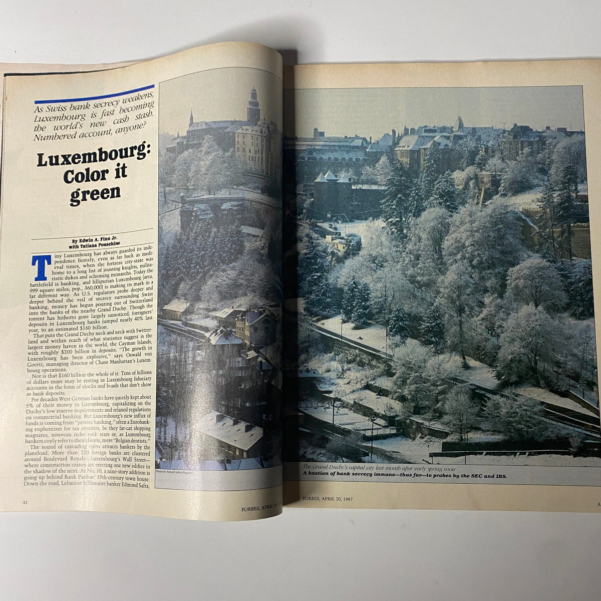 Forbes Magazine April 20, 1987, page showcasing the cover feature 'Luxembourg: Color it Green' with a snowy Luxembourg landscape image.