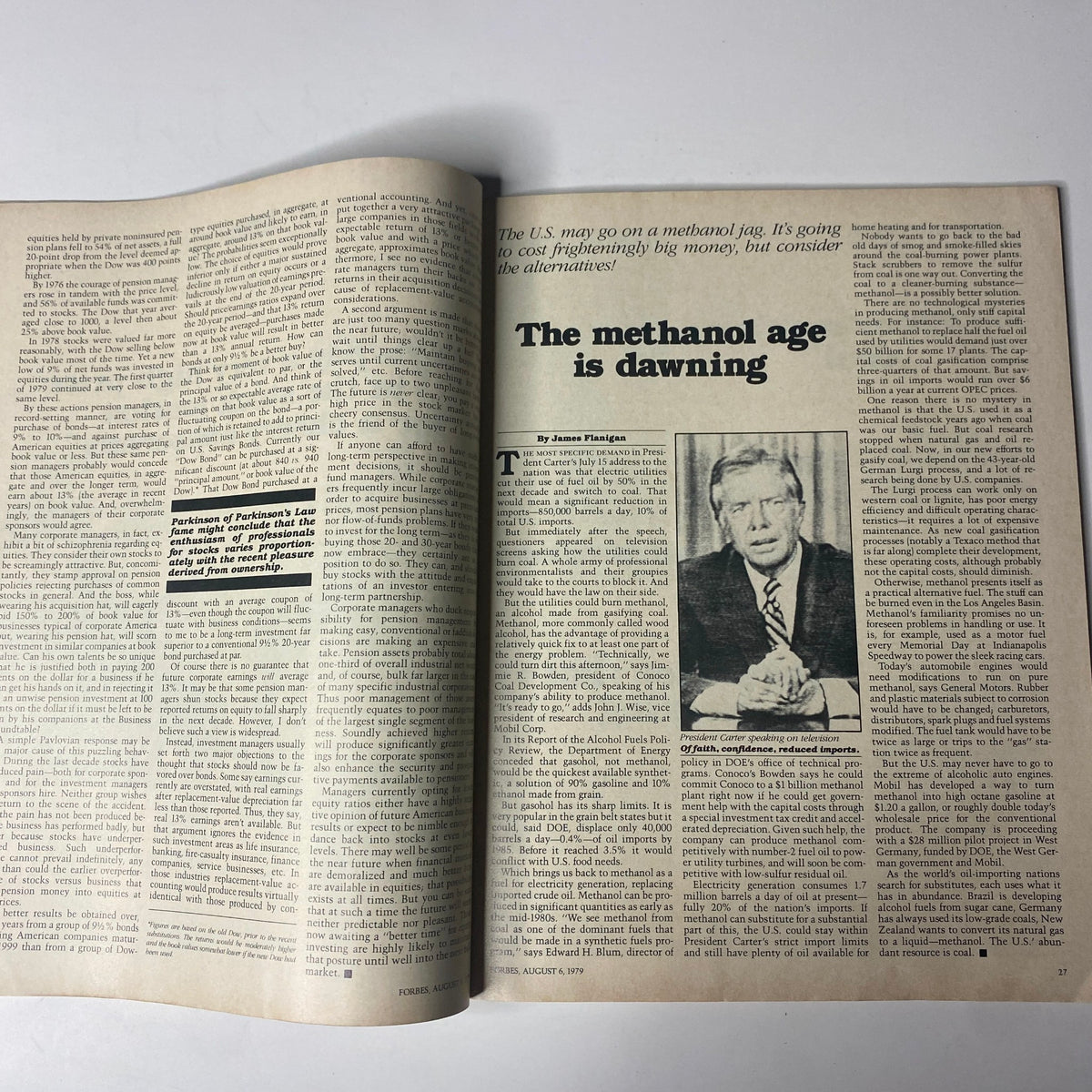 Inside page of Forbes Magazine, August 6, 1979, featuring an article titled 'The Methanol Age is Dawning' discussing energy trends and investment perspectives during the late 1970s.